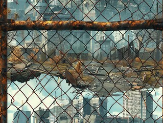 Craft a digital landscape of a post-apocalyptic world with towering skyscrapers crumbling, viewed from behind a rusted fence, conveying a sense of mystery & desolation