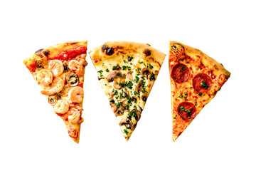 Three slices of pizza with different toppings on isolate transparent background. The pizza slices are arranged in a row. generative ai illustration. - Powered by Adobe