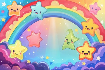 Cute Cartoon Frame Design with Blue Background and Star Border,Childrens Book Illustration Style Frame with Stars on Blue