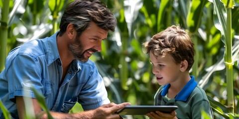 Father using a digital tablet to teach his son about farming in a cornfield. Concept Father-Son Bonding, Agriculture Education, Farming Technology, Parenting Skills, Rural Lifestyle