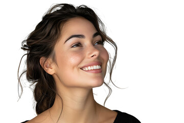 Portrait of satisfied glad lovely lady beaming smile look empty space on transparent background