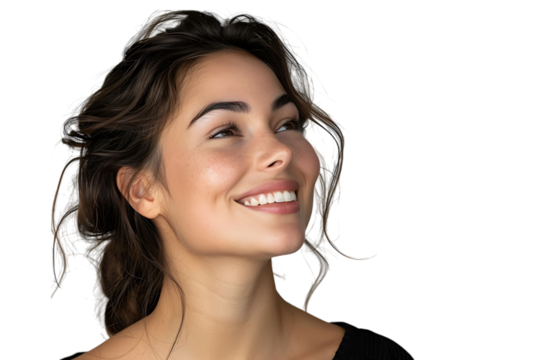 Portrait of satisfied glad lovely lady beaming smile look empty space on transparent background - Powered by Adobe