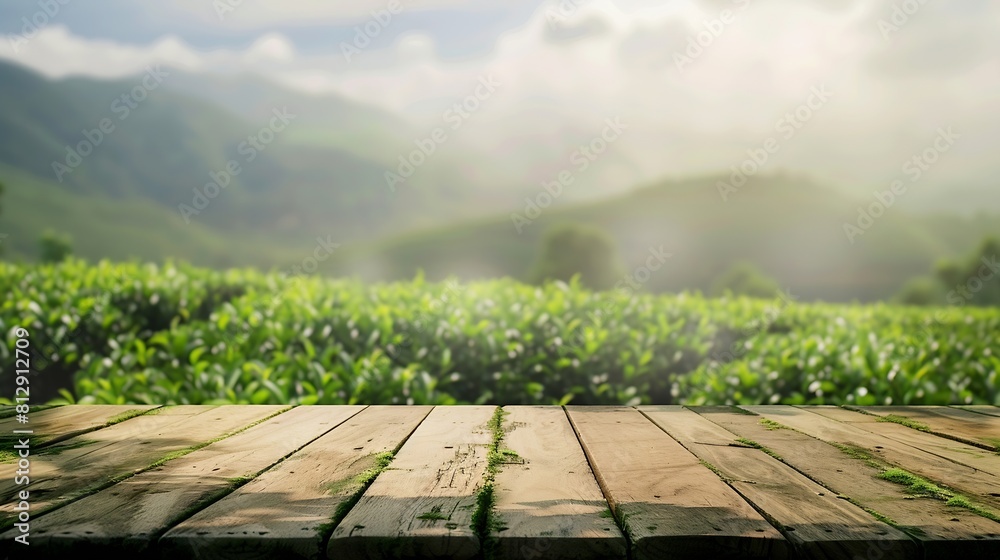 Aufkleber Wooden table top on blur green tea mountain and grass fieldFresh and Relax conceptFor montage product display or design key visual layoutView of copy space : Generative AI