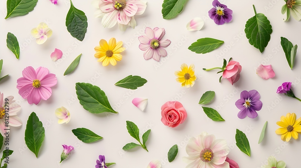 Poster creative layout made of colorful spring flowers and green leaves minimal holiday concept flat lay pa