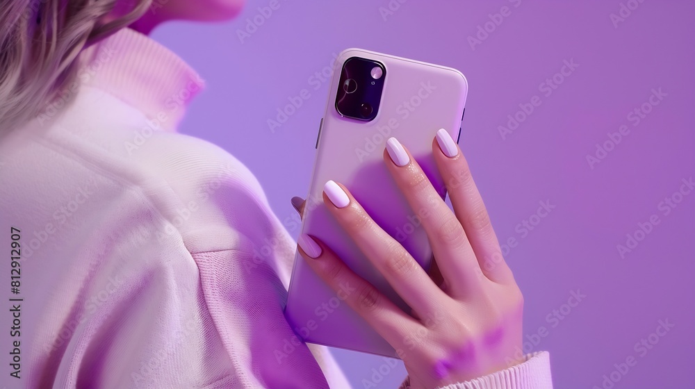 Poster the layout of the phone the girl holds the phone with both hands background lilac under the color of
