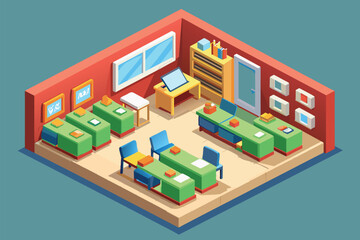 A room featuring two beds and a desk, Classroom Customizable Isometric Illustration