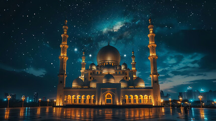 spectacular mosque building with mesmerizing night sky, featuring a tall tower and a round dome, set against a serene water body - Powered by Adobe