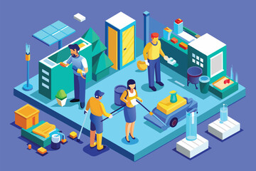 Obraz premium Several individuals gathered in a kitchen, conversing and interacting with each other, Cleaning service Customizable Isometric Illustration