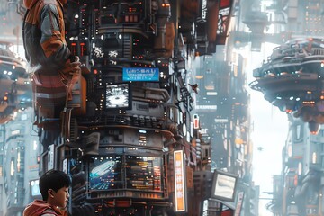 Design a sci-fi cityscape with towering holographic displays and bustling hover traffic Depict a heartwarming moment between a human and an alien