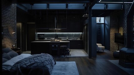 luxury studio apartment with a free layout in a loft style in dark colors Stylish modern kitchen area with an island cozy bedroom area with fireplace and personal gym : Generative AI