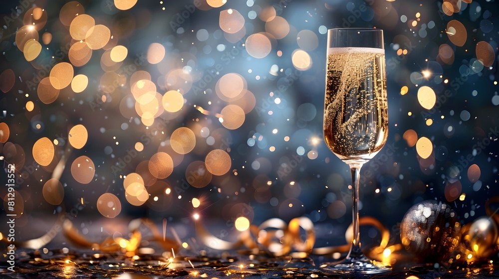 Poster sparkling champagne toast for joyous new year with glimmering lights and festive bokeh