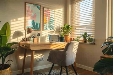 Obraz premium Relaxing Home Office with Empty Poster and Wooden Desk,Feminine Workspace with Pastel Tones and Empty Poster