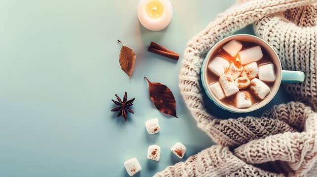 Cozy winter vibes Topview shot of a steaming cocoa mug with marshmallows candle spices and knitted scarf on a pastel backdrop perfect for adding your message : Generative AI