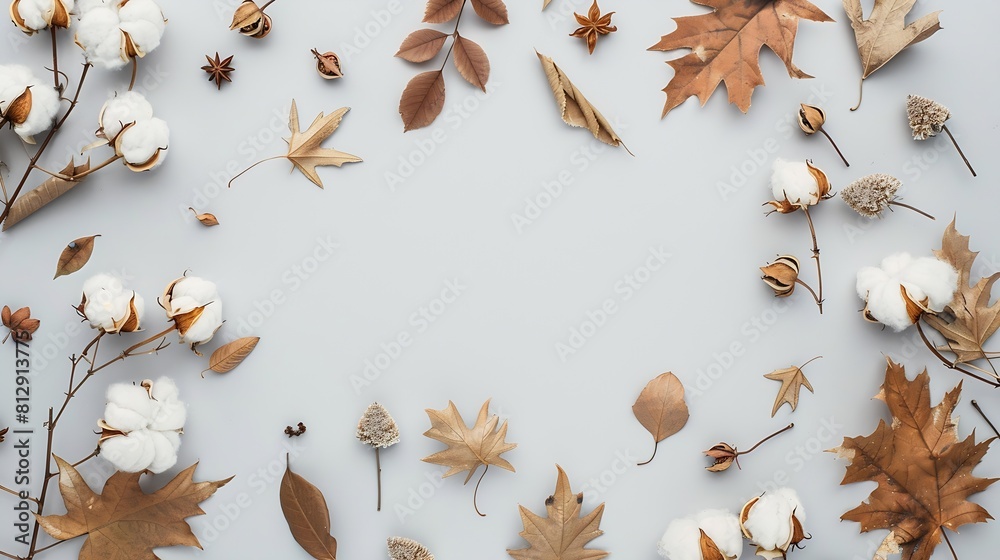 Poster autumn composition frame made of cotton flowers dried maple leaves on pastel gray background autumn 