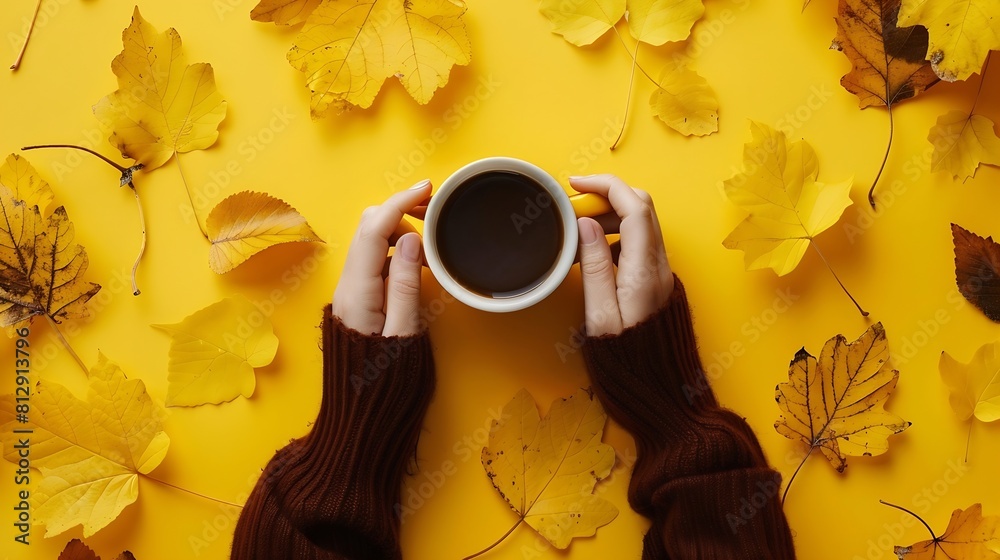 Poster autumn composition with womans hands cup of hot aromatic coffee and autumn yellow leaves flatlay top