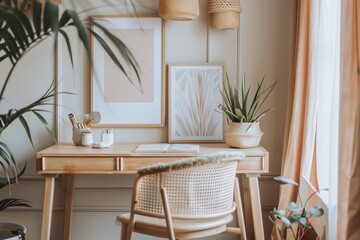 Relaxing Home Office with Empty Poster and Wooden Desk,Feminine Workspace with Pastel Tones and Empty Poster