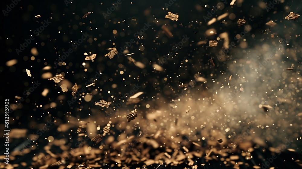 Leinwandbilder Dynamic Dust and Wood Chips on Black Background  Creative Design Layout with Airborne Dirt Particles for Motion Effect : Generative AI