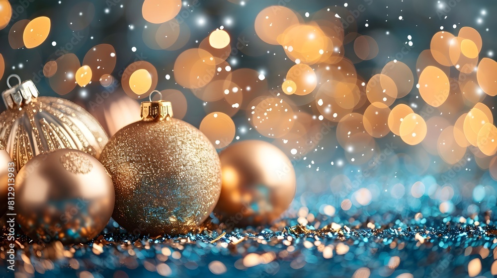 Poster shimmering golden and silver christmas ornaments against a dazzling background of lights and bokeh f