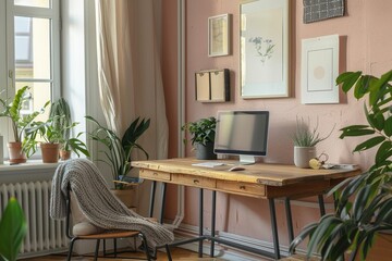 Relaxing Home Office with Empty Poster and Wooden Desk,Feminine Workspace with Pastel Tones and Empty Poster