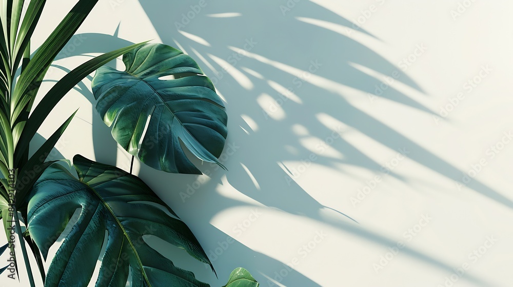 Poster Tropical leaves is placed on a white canvas with part of the leaf layout and copy space : Generative AI