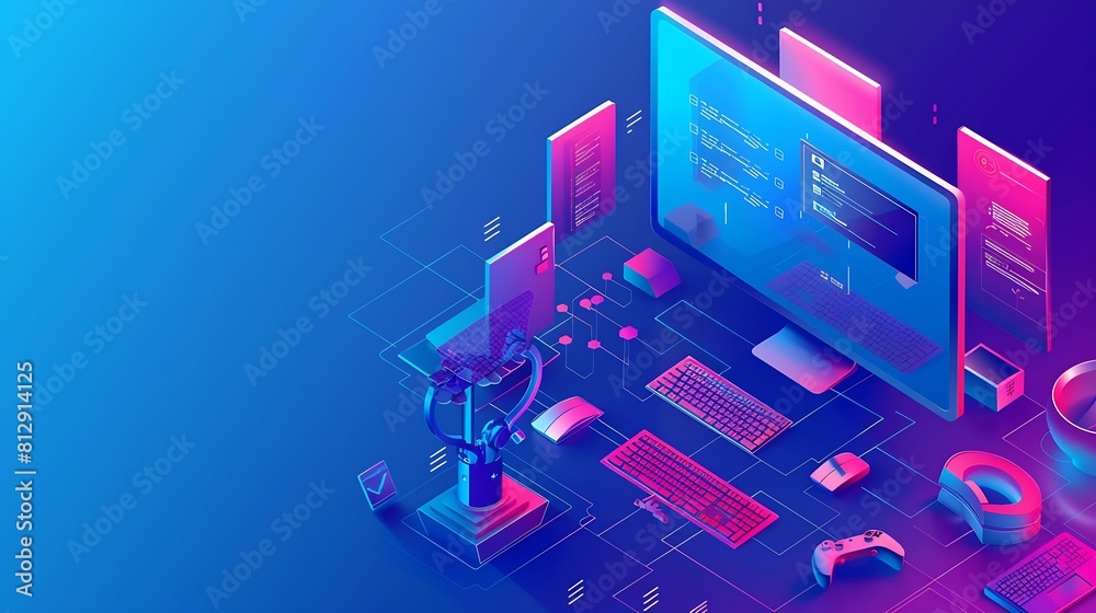 Poster Professional web design and website development service isometric computer with web page layout project and desktop work tools : Generative AI
