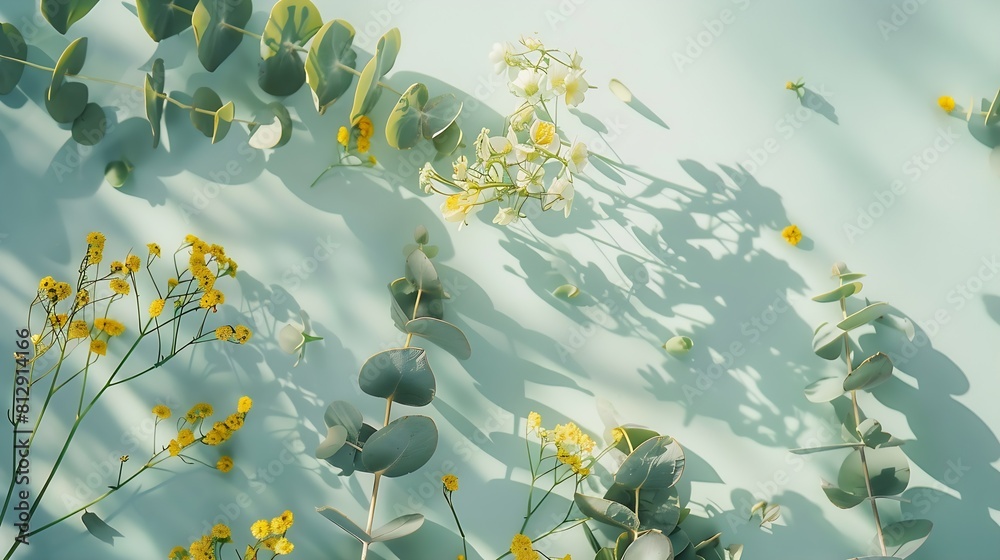 Poster flowers composition with fresh eucalyptus branches and yellow flowers easter spring summer concept f