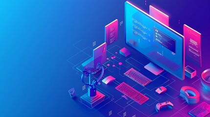 Professional web design and website development service isometric computer with web page layout project and desktop work tools : Generative AI