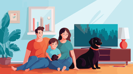 Happy family with favorite pet dog watch tv. Parent