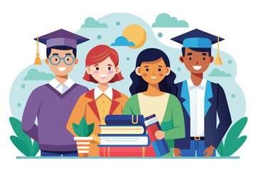 A group of diverse college students are standing next to each other in a customizable semi flat illustration, College students Customizable Semi Flat Illustration