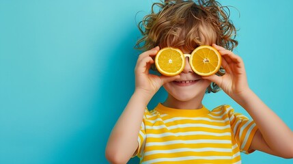 Surprized child holding slices of orange fruit like sunglasses Kid wearing striped yellow tshirt against blue paper background Healthy eating and summer vacation concept : Generative AI