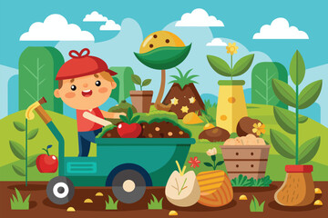 Obraz premium A boy is pushing a wheelbarrow filled with various fresh vegetables, Compost cycle Customizable Cartoon Illustration