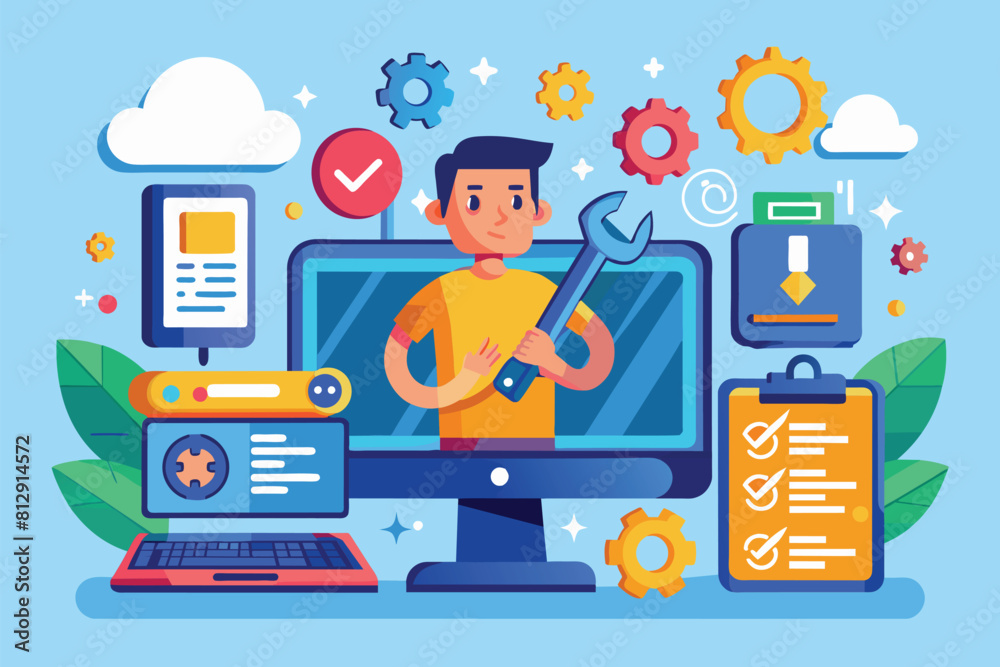 Poster a man holds a wrench while standing in front of a computer, indicating he is troubleshooting or repa