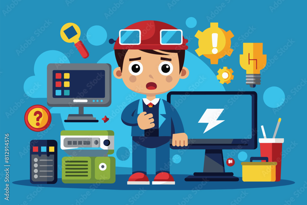 Poster a man is standing in front of a computer screen, troubleshooting and customizing cartoons illustrati