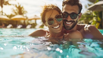 smiling happy couple having fun together in resort swimming pool summer vacation getaway travel banner with copy space : Generative AI
