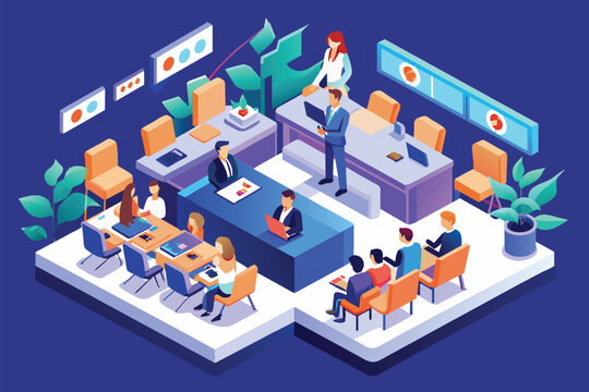 Illustration of a conference table with individuals seated around it, engaged in discussion or collaboration, Conference Customizable Isometric Illustration