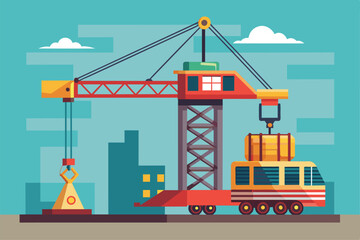 A crane is lifting a large piece of equipment at a construction site, Construction crane Customizable Disproportionate Illustration