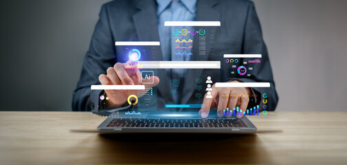 Artificial Intelligence AI data tech analytics for kpi accounting big complex business, technology algorithm system software website tool write command prompt digital internet support chart analysis