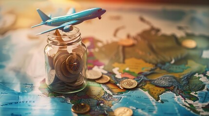 Saving money for traveling Aircraft toy and coins in glass jar with compass on world map Planning summer vacation budget trip concept : Generative AI