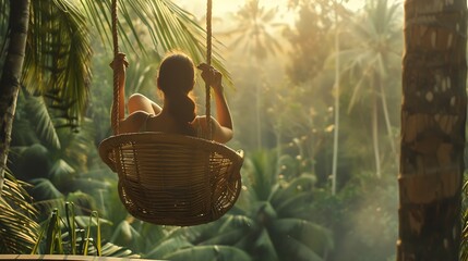 Back view yourist woman swing on wicker rattan hang chair in the jungle nature view Enjoy vacation on tropical Bali island : Generative AI