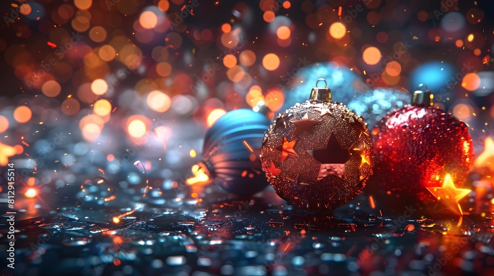 Poster Sparkling Festive Ornaments against Blurred Bokeh Lights for Joyous 2025 New Year