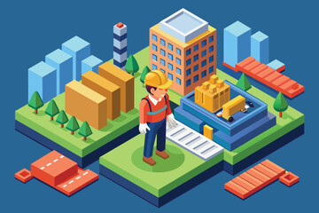 A man stands on a green field next to a building, Construction worker Customizable Isometric Illustration