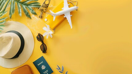 Summer travel concept Flat lay traveler accessories on yellow background with copy space Top view plane passport map Travel agency banner design template : Generative AI