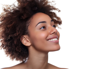 Portrait of satisfied glad lovely lady beaming smile look empty space on transparent background