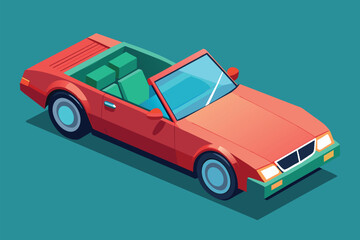 Red convertible car with hood raised on blue backdrop, Convertible car Customizable Isometric Illustration