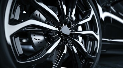 Closeup black silver polished of car aluminum rims and wheels on dark background. Generated AI