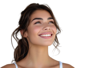 Portrait of satisfied glad lovely lady beaming smile look empty space on transparent background