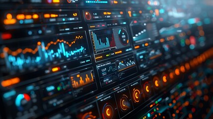 Naklejka premium Advanced network operations software monitor displaying high-resolution data on signal strength across different regions and bandwidth usage, hyperrealistically depicted with sharp graphics.