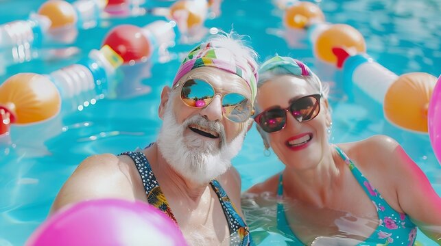Happy senior couple having party in the swimming pool  Elderly friends releaxing at a pool party during summer vacation : Generative AI