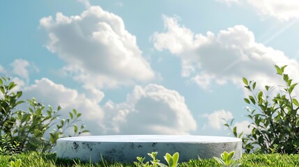 empty concrete podium on green grass with tropical forest plant blur cloud blue sky background with spaceorganic healthy product present natural placement pedestal displayspring and su : Generative AI