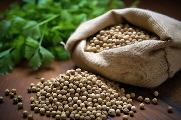 Obraz premium Coriander seeds scattered on a wooden surface, ready for planting or use in cooking, with a burlap sack partially open nearby